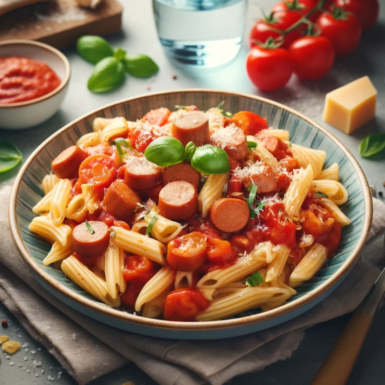 Nudeln mit Tomatensoße und Fleischwurst