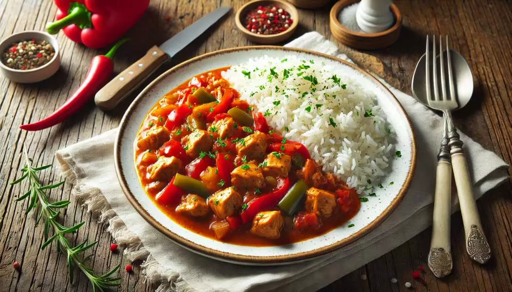 Putengulasch mit Paprika und Reis